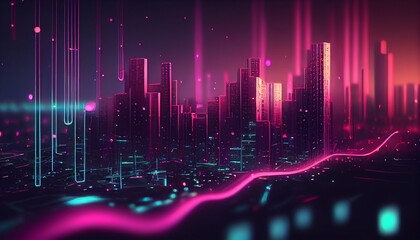 Abstract futuristic background with pink blue glowing neon city high speed city lines and bokeh lights. Data transfer concept Fantastic wallpaper Ai generated image