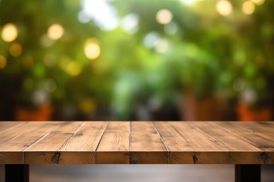 Empty wooden table surface with blurred background. For product display or montage. Generative Ai image