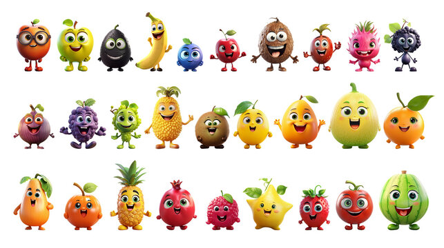 Cute Fruits Happy Cartoon Characters Set