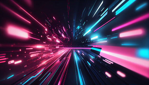 Abstract futuristic background with pink blue glowing neon city high speed city lines and bokeh lights. Data transfer concept Fantastic wallpaper Ai generated image