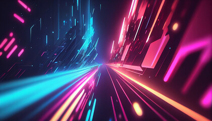 Fototapeta na wymiar Abstract futuristic background with pink blue glowing neon city high speed city lines and bokeh lights. Data transfer concept Fantastic wallpaper Ai generated image