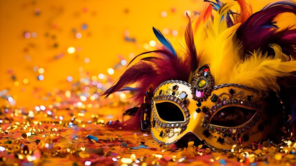 Carnival Party - Venetian Mask With Abstract Defocused Bokeh Lights On yellow background created with Generative AI 