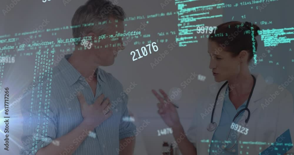 Poster animation of changing numbers and computer language over caucasian doctor consulting patient