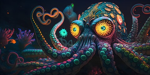 goa style visionary art acid art underwater neon scene subject colorful neon realistic octopus vast realistic tenticles stretching between background and foreground illustration psychedelic Depth of  - obrazy, fototapety, plakaty