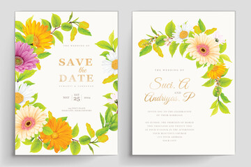 daisy floral watercolor background and wreath card design