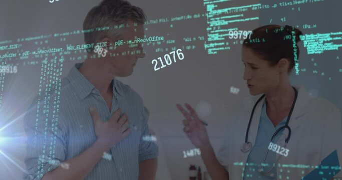 Animation of changing numbers and computer language over caucasian doctor consulting patient