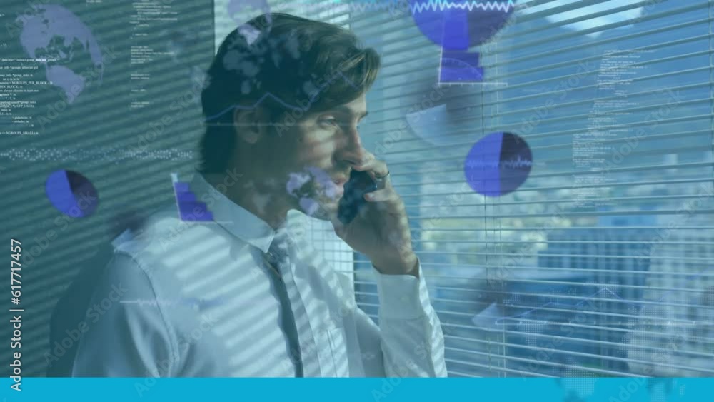 Poster animation of graphs, globes and computer language over caucasian man talking on cellphone