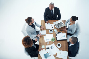 Business meeting, documents and people planning, talking and collaboration of financial report,...