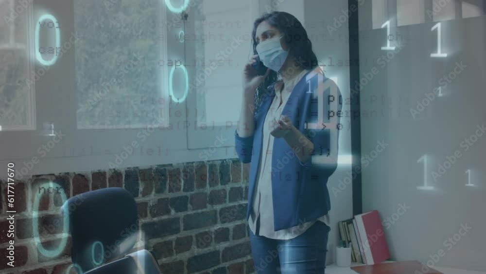 Poster animation of binary codes, computer language, asian woman wearing mask and talking on cellphone