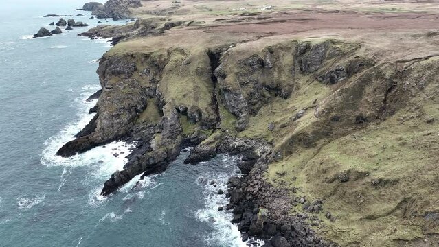 Drone view over The Oa peninsula cliffs in Scotland