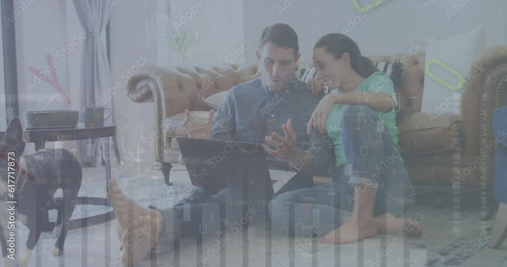 Aufkleber animation of multiple graphs and letters over caucasian couple talking and using laptop at home
