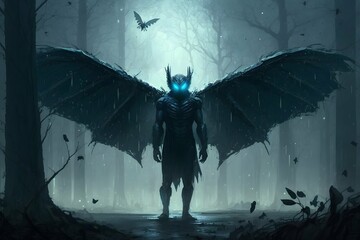 mothman alien being indrid cold dark at forest dark and gloomy dramatic scene 