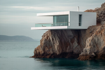 Modern minimalistic building on the rock, seascape. Generative AI. - 617717869