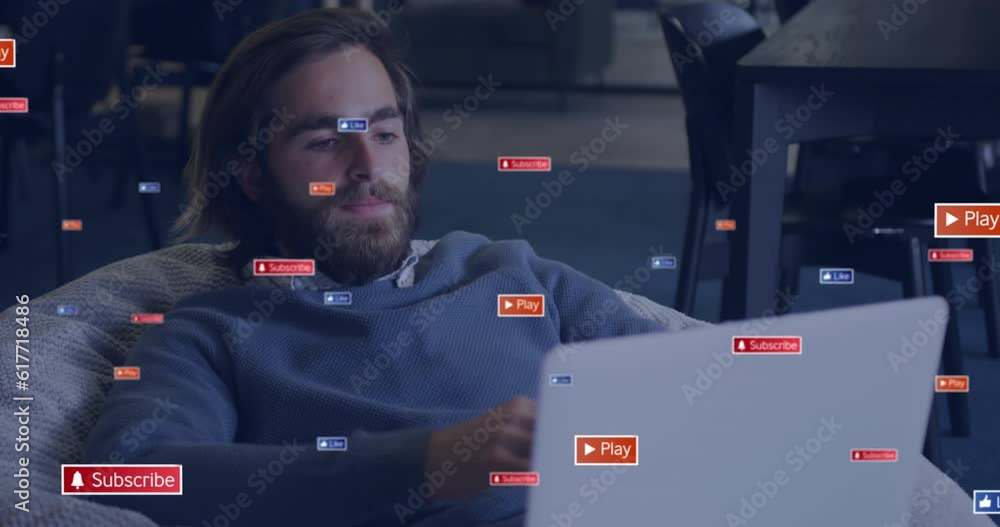 Poster animation of texts and icons in message boxes, caucasian man sitting on couch and working on laptop