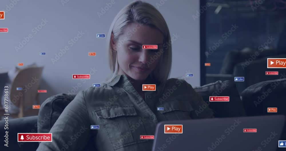 Poster animation of texts and icons in message boxes over smiling caucasian woman working on laptop