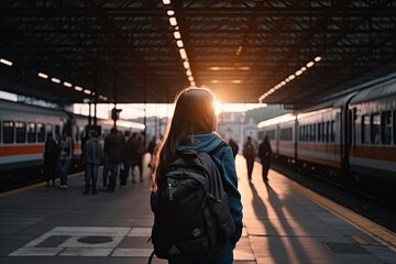 Obraz premium Traveler waiting in the strain station. AI generative