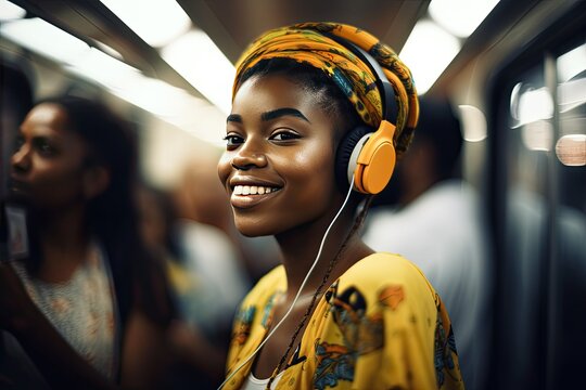 Beauty african woman listening music in the subway. AI generative