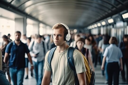 Man listening to music while waiting for the train. AI generative