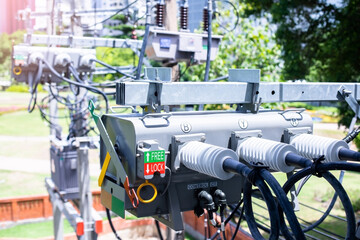 High voltage switch box on electric tower in Thailand. Remote control switch set for high voltage on electric tower.
