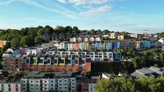Aerial shot of Bristol Colourful Houses and Rainbow houses and trees in Bristol, UK