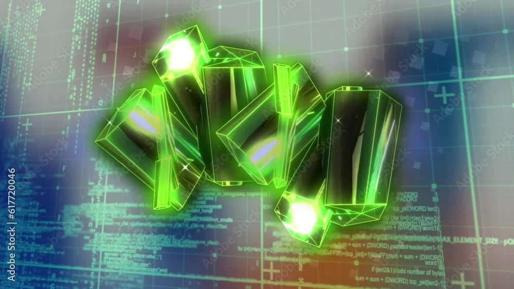 Poster animation of 3d bars over grid pattern against computer language on abstract background