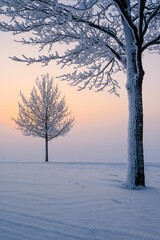 Vertical shot of trees in a snow-covered field during a beautiful calming sunrise