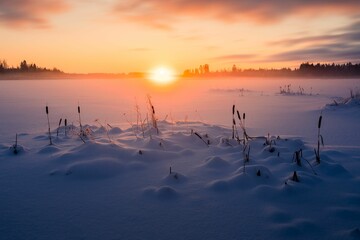 Landscape of a snowy field covered in fog during the beautiful sunrise in the morning