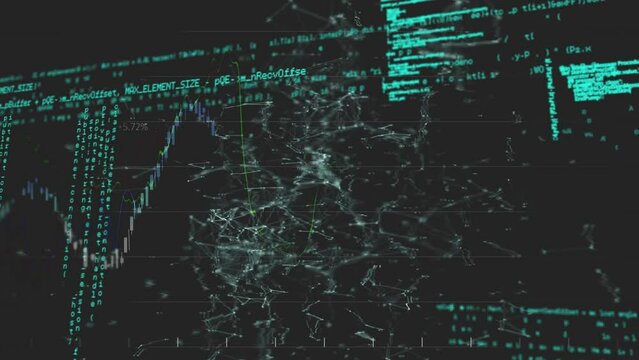 Animation of graph over connected dots and computer language against black background