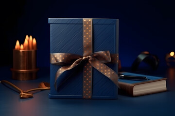 Blue gift box, notebook wrap in silk ribbon on dark blue background