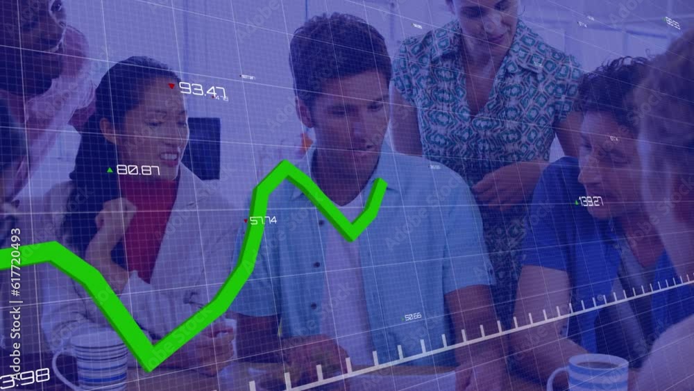 Poster animation of graph with changing numbers over diverse coworkers discussing reports in office