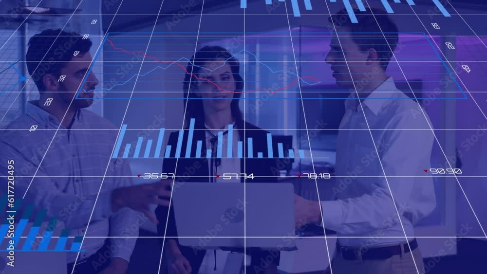 Poster animation of changing numbers, multiple graphs over diverse coworkers discussing and shaking hands