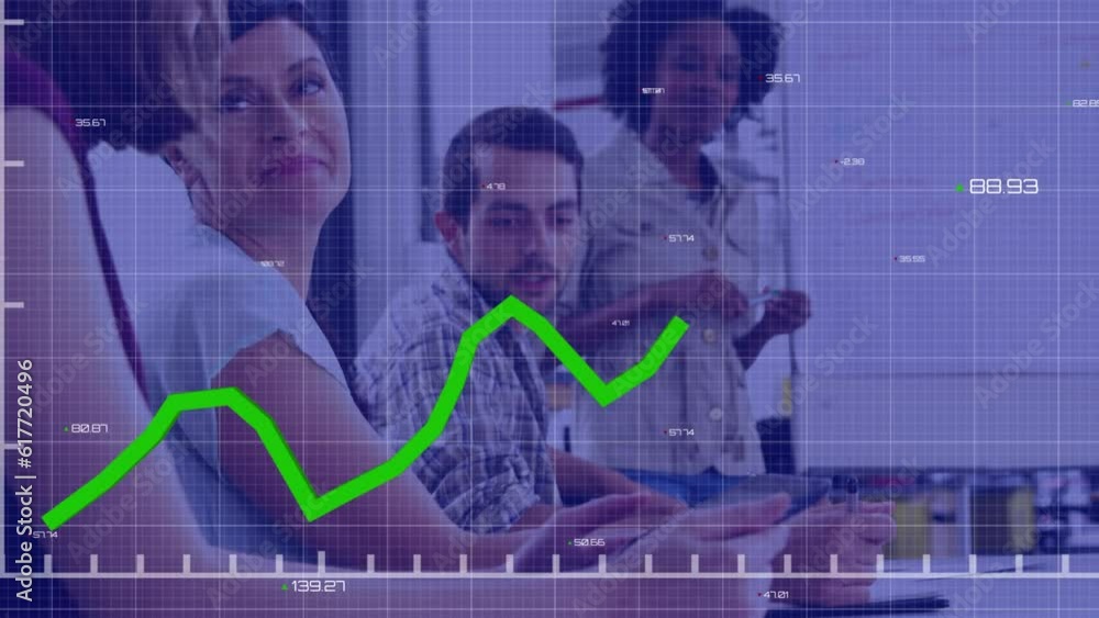 Poster animation of graph and changing numbers over diverse coworkers discussing reports in office