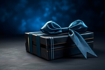 Blue gift box wrap with blue silk ribbon on dark blue background - obrazy, fototapety, plakaty