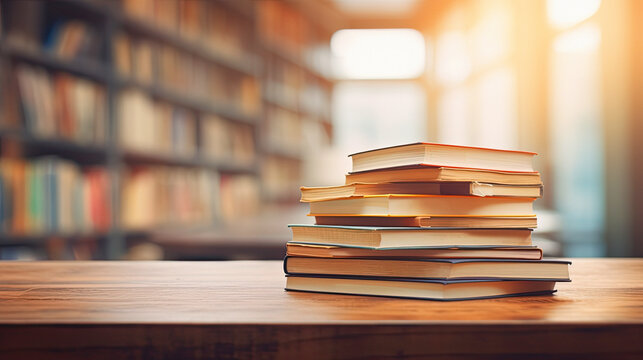 Book stack on wood desk and blurred bookshelf in the library room, ai generative