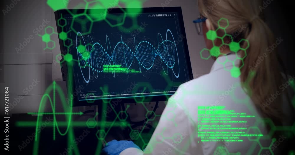 Poster animation of computer language, molecule structures, caucasian researchers examining dna helix