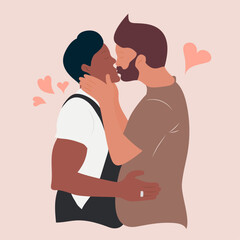 Male gay couple in love. Interracial homosexual couple. Love concept. Lgbtq people in romantic relationships.Two happy men hugging, smiling. Pride month. Men embrace each other. Vector illustration.