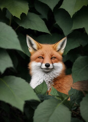 Fototapeta premium A young red fox peeks out from the forest foliage. Generative AI