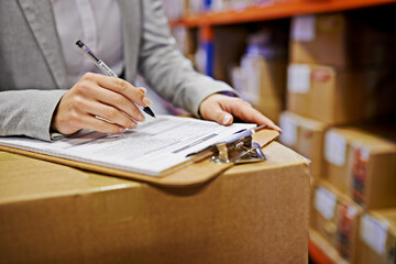 Hands, sign and clipboard with paperwork in warehouse, logistics and export with supply chain...