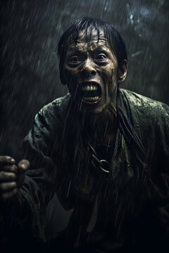 Close up of Asian man zombie screaming in dark foggy scene, horror art 