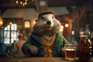 beaver with beer in the bar created by a neural network, Generative AI technology - obrazy, fototapety, plakaty