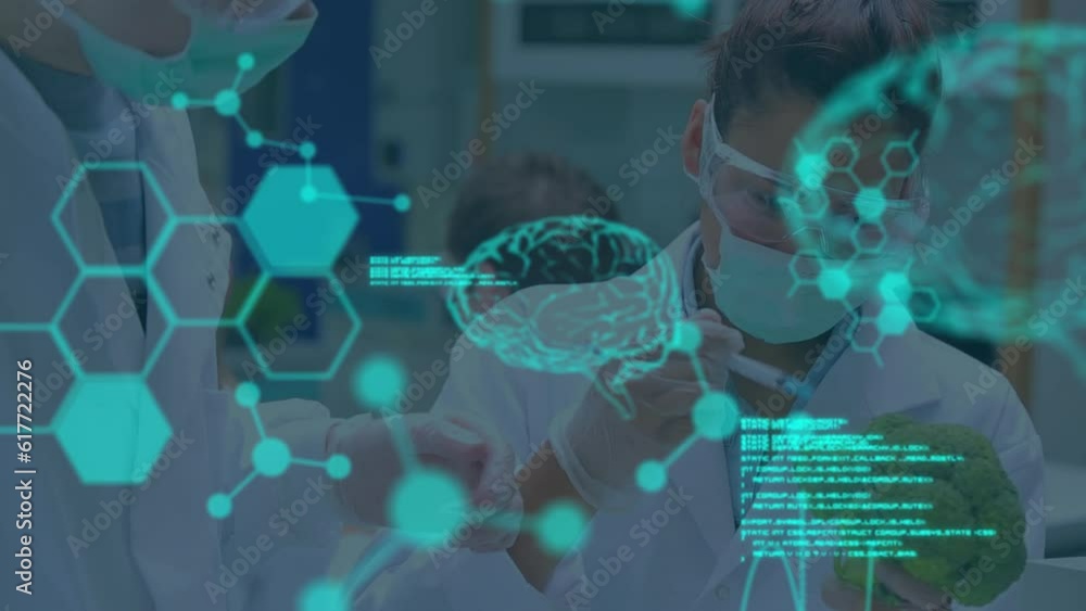 Poster animation of computer language, human brains over diverse scientists injecting liquid in vegetable