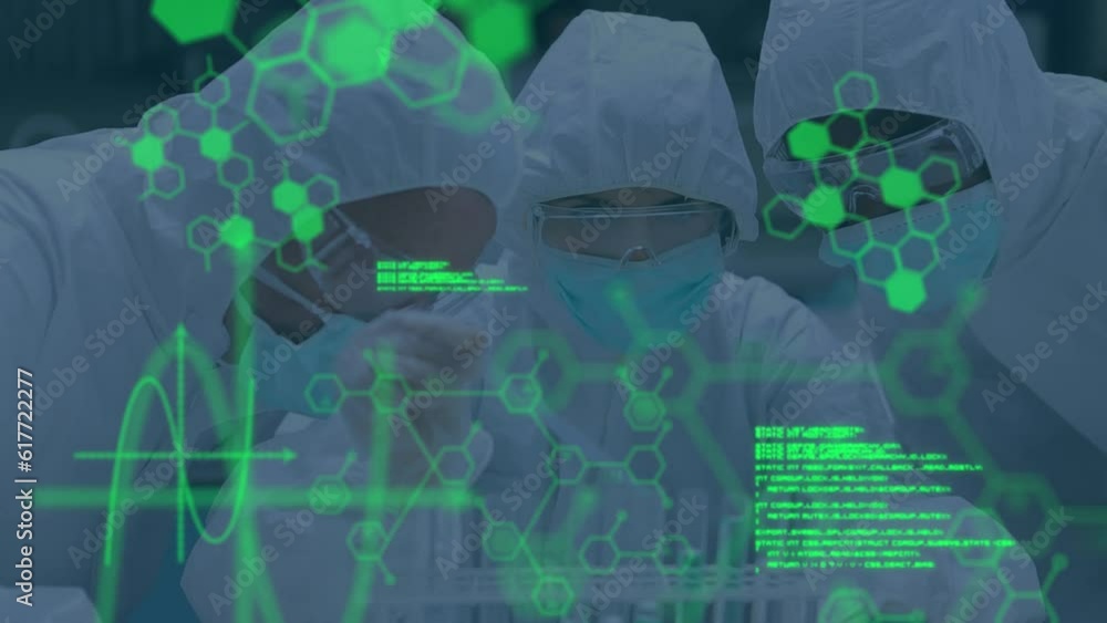 Poster animation of computer language, diverse scientists with safety gear, examining sample in test-tube