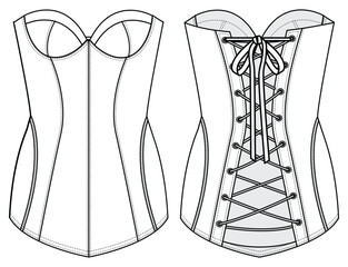 Back Lace Up Corset with Cup Bra, Victorian Corset Front and Back View. Fashion Flat Sketch Vector Illustration, CAD, Technical Drawing, Flat Drawing, Template, Mockup. - obrazy, fototapety, plakaty
