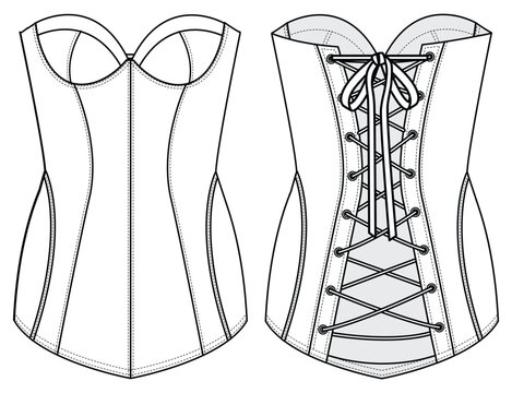 Back Lace Up Corset with Cup Bra, Victorian Corset Front and Back View. Fashion Flat Sketch Vector Illustration, CAD, Technical Drawing, Flat Drawing, Template, Mockup.