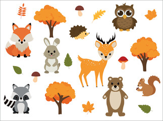 Vector illustration of cute woodland forest animals including a bear, deer, fox, raccoon, hedgehog, squirrel, and rabbit.