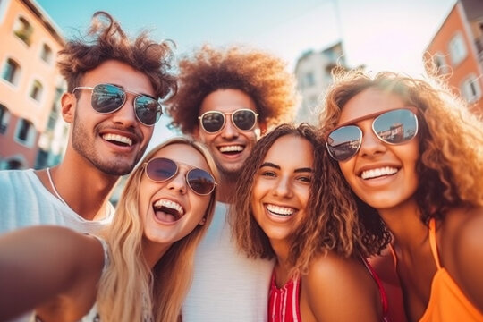 happy friends outside making a selfie ai generated