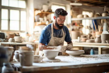 Potter at Work Man Making Pottery at her Pottery Studio Bright and Sunny Natural Light Generative AI