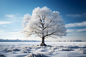 Fototapeta na wymiar 雪原に立つ１本の大きな木　with generative ai