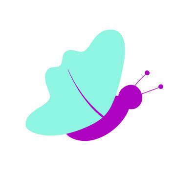 Doodle abstract butterfly icon with mint colored wings and fuchsia colored body isolated on transparent and white background. Close-up element for design decoration. Summer vector illustration of hand