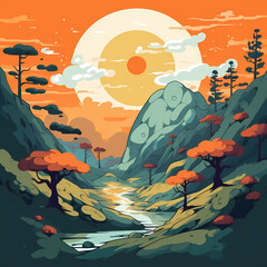 Obraz premium Nature landscape in cartoon style art form, anime vibrant color, sunrise over river with green lush hill